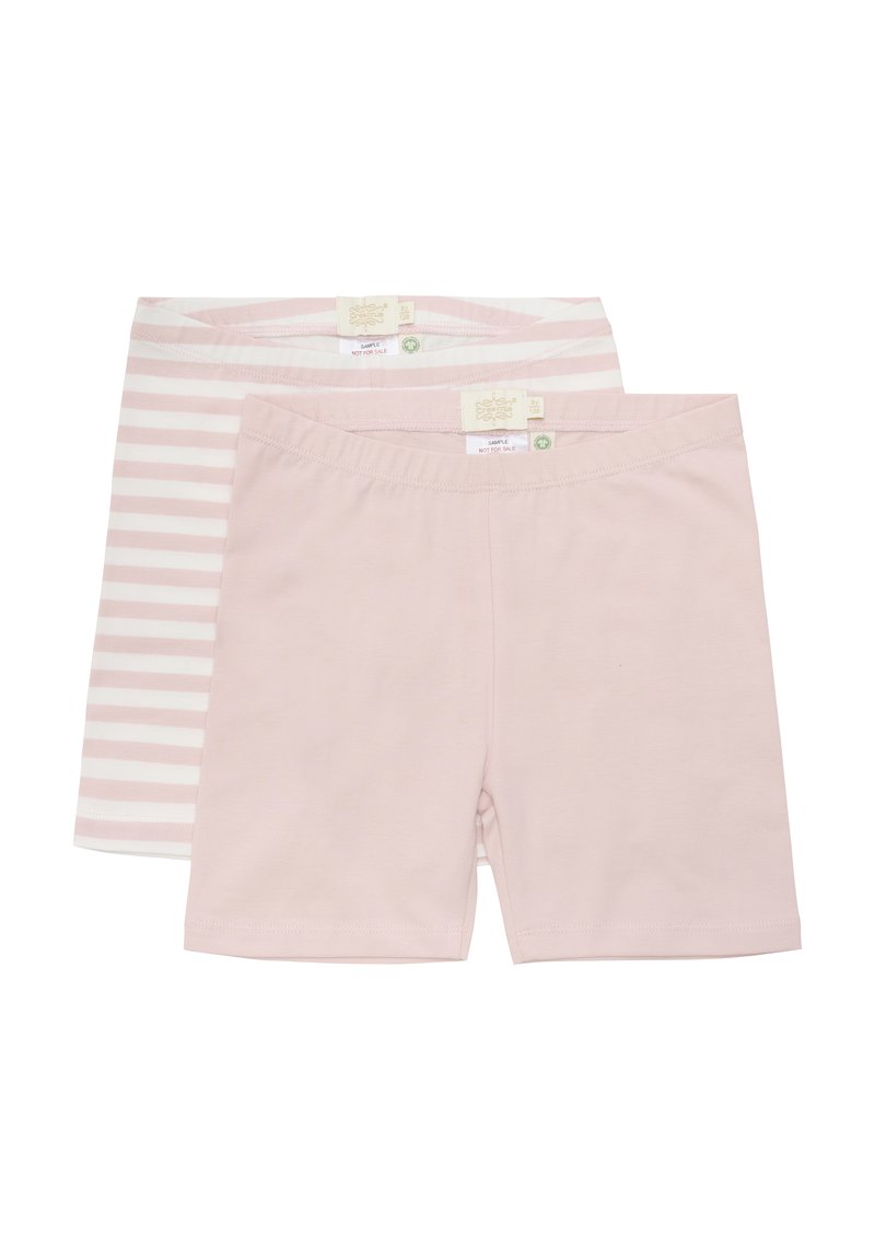Twee paar shorts, één effen lichtroze en één lichtroze gestreept. Gemaakt van zachte stof met een elastische tailleband.