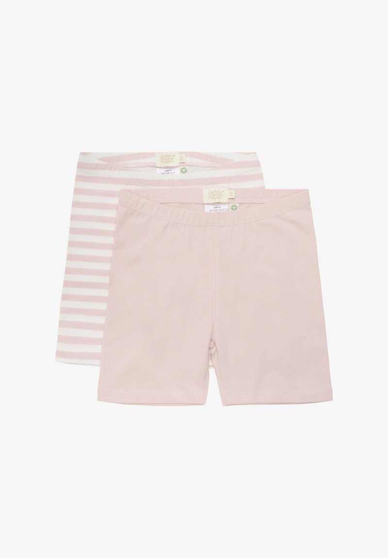 To sæt shorts, et ensfarvet lyserødt og et lyserødt med striber. Fremstillet af blødt stof med elastisk talje.
