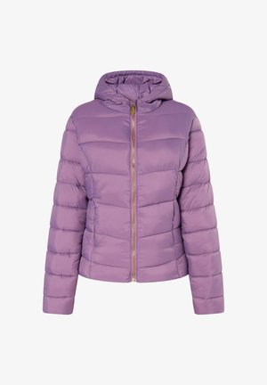 Lilla puhvjakker koos kapuutsiga, millel on horisontaalsed tikitud osad, kuldne lukk ees ja sile, läikiv tekstuur.