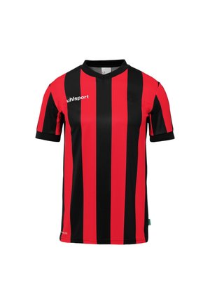 Kurzärmliges rotes und schwarzes Sporttrikot mit vertikalen Streifen, rundem Kragen und weißem Markenlogo auf der Brust.