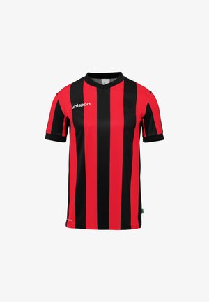 Rood en zwart sportshirt met korte mouwen en verticale strepen, een ronde kraag en wit merklogo op de borst.