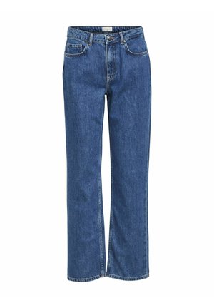 Jean en denim bleu avec une taille haute, design à jambe droite, cinq poches et détails de couture en cuivre. Comprend une fermeture à bouton et à glissière à l'avant.