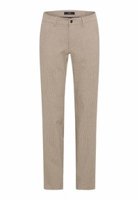 Beige, skræddersyede bukser med et tekstureret stof, der har knaplukning, bælteløkker og to sidelommer.