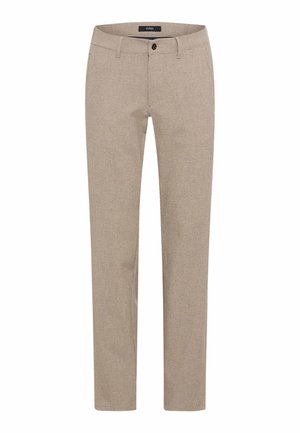 Pantaloni beige su misura con un tessuto texturizzato, dotati di chiusura a bottone, passanti per cintura e due tasche laterali.