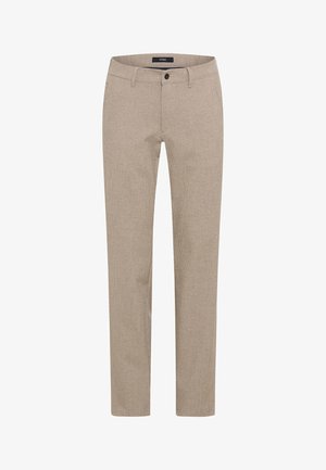 Pantaloni beige su misura con un tessuto texturizzato, dotati di chiusura a bottone, passanti per cintura e due tasche laterali.