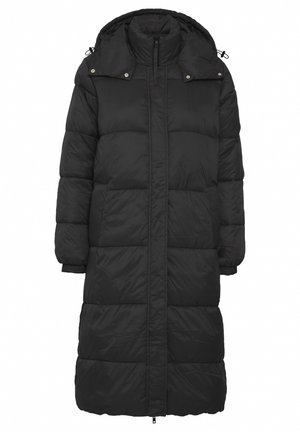 Cabană puf neagră cu un design lung, glugă, închidere cu fermoar și nasturi cu capse. Are secțiuni matlasate și manșete elastice pentru confort termic.