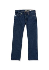 Jeans in denim blu scuro, con un taglio dritto, cinque tasche e cuciture arancioni a contrasto lungo le cuciture e i bordi delle tasche.