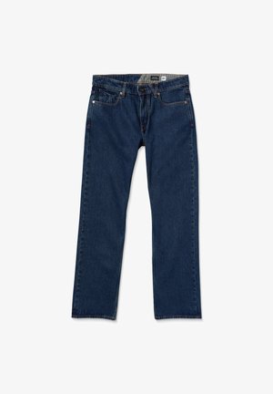 Jeans in denim blu scuro, con un taglio dritto, cinque tasche e cuciture arancioni a contrasto lungo le cuciture e i bordi delle tasche.