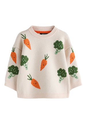 Cremefarbener Strickpullover mit lächelnden orangen Karotten und grünen Brokkolimustern, mit rundem Ausschnitt und Dreiviertelärmeln.