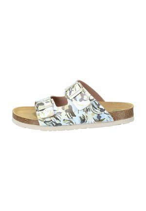 Bloemmotief slide sandalen met twee verstelbare gespen, kurken voetbed, lichtblauwe basis en beige zool met gestructureerde grip.