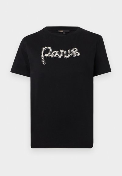 Schwarzes Baumwoll-T-Shirt mit einem funkelnden "Paris"-Motiv aus Strass, runder Ausschnitt und kurzen Ärmeln. Glatte Textur, lässiges Design.