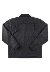 Μακρυμάνικο σακάκι σκούρου γκρι χρώματος με γιακά, εμφανιζόμενο από πίσω, με διακριτικό υφασμάτινο μοτίβο και απλές ραφές.