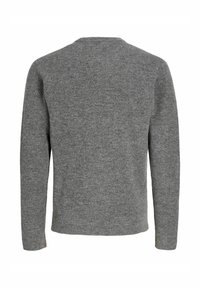 Maglione grigio con un design a maglia testurizzato, scollo rotondo e maniche lunghe. Nessun abbellimento o dettaglio in metallo visibile.