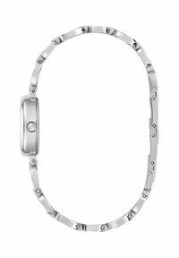 Zilverkleurig metalen horloge met een ovale kast, schakels band en ronde accenten. Soepele textuur met een gepolijste afwerking.