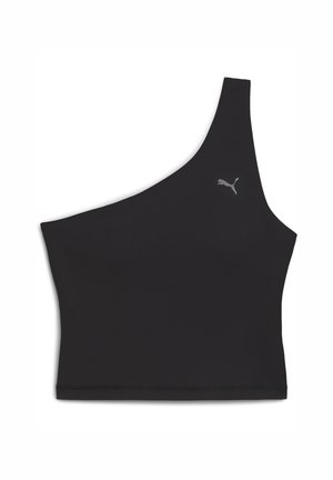 Crni sportski grudnjak na jedno rame, izrađen od rastezljivog materijala s glatkom teksturom; sadrži mali sivi Puma logo na prsima.