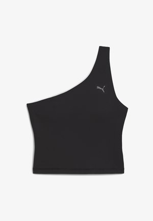 Čierna športová podprsenka na jedno rameno, vyrobená z elastického materiálu s hladkou textúrou; obsahuje malé šedé logo Puma na hrudi.