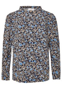 Koszula z długim rękawem na granatowym tle z wzorem kwiatowym w jasnoniebieskim i beżowym kolorze. Wykonana z lekkiej tkaniny, posiada kołnierzyk.