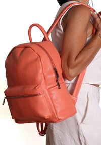 Sac à dos en cuir pêche avec compartiment principal et poche zippée à l'avant. Équipé de deux bretelles et d'une poignée supérieure arrondie. Texture lisse.