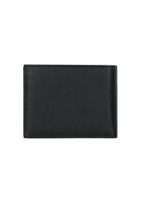 Czarny skórzany portfel o gładkiej fakturze i złożonym wzorze. Posiada czyste szwy i brak widocznych elementów hardware'owych lub akcentów.