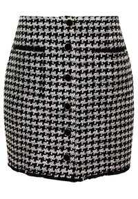 Černobílá mini sukně z tvídu se vzorem psí zub, s pěti zlatými knoflíky a dvěma bočními kapsami.