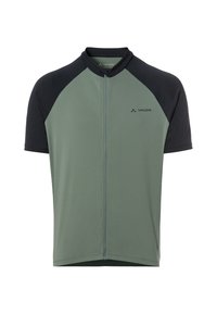 Koszulka rowerowa z krótkim rękawem w oliwkowym kolorze z czarnymi rękawami raglanowymi, z zamkiem z przodu i logo Vaude na piersi. Gładka faktura materiału.