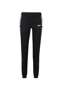Schwarze Sporthosen mit elastischem Bund, weißen Seitenstreifen und Druckknöpfen an den Beinen. Mit JAKO-Logo auf der Vorderseite.