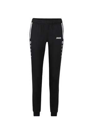 Schwarze Sporthosen mit elastischem Bund, weißen Seitenstreifen und Druckknöpfen an den Beinen. Mit JAKO-Logo auf der Vorderseite.