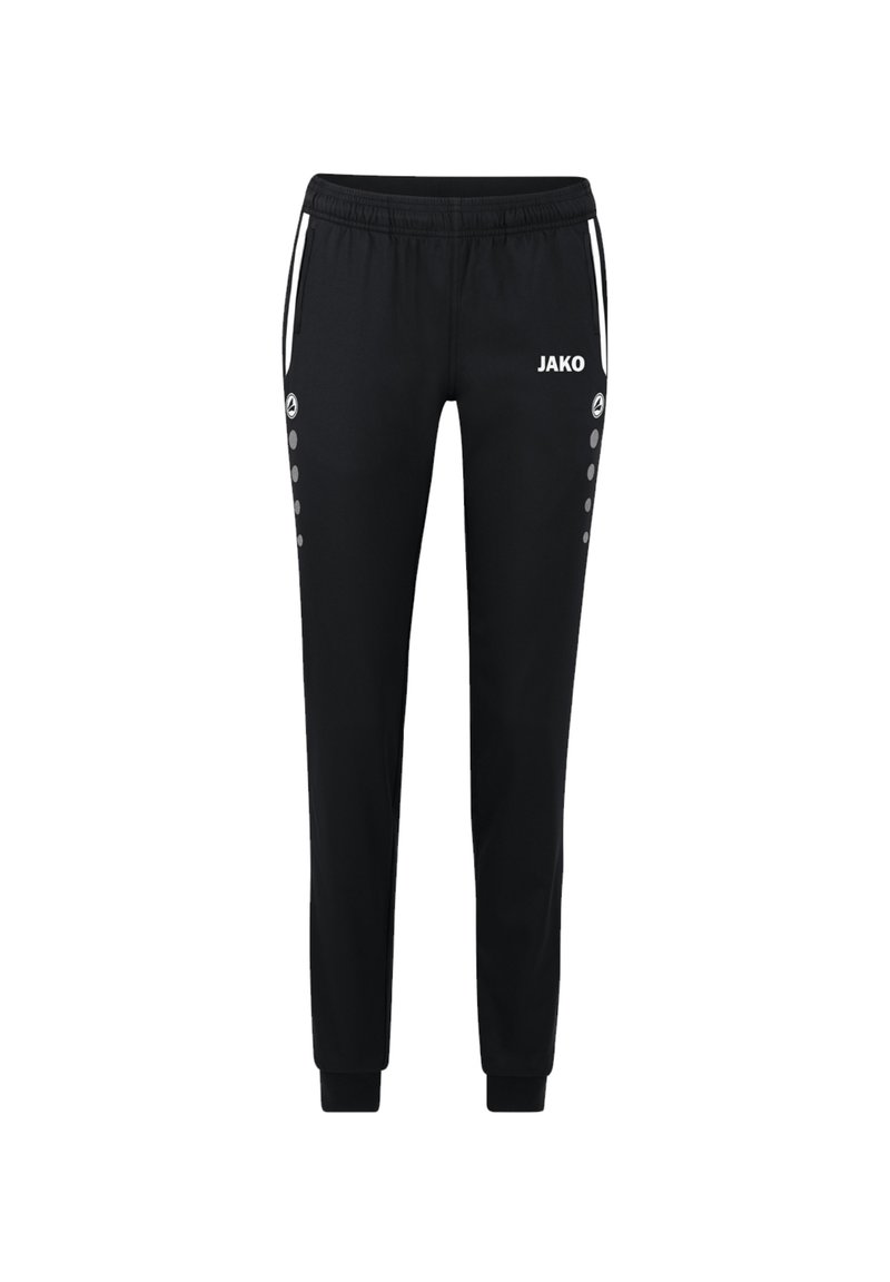 Schwarze Sporthosen mit elastischem Bund, weißen Seitenstreifen und Druckknöpfen an den Beinen. Mit JAKO-Logo auf der Vorderseite.