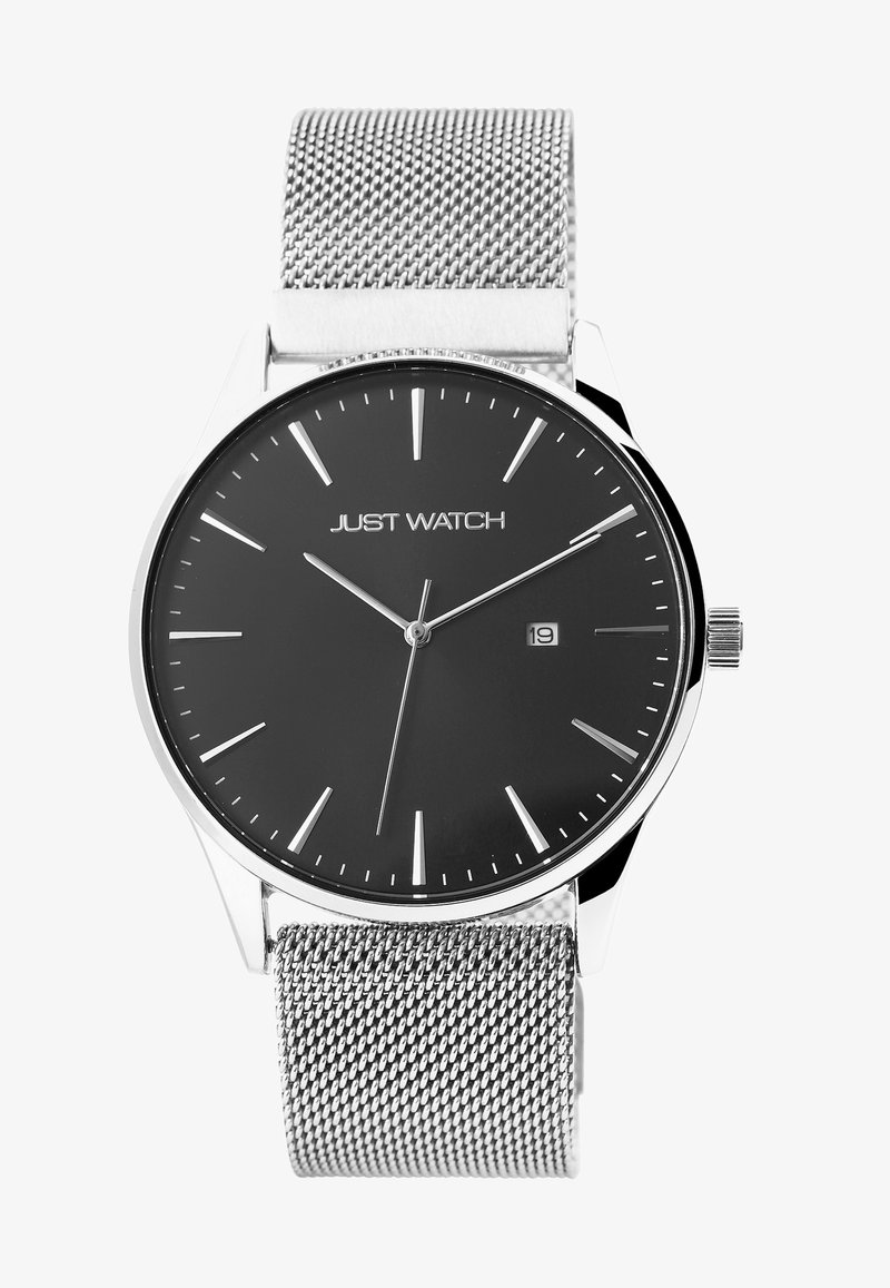 Black watch face with silver hour markers and hands. Stainless steel mesh band. Date window at three o'clock. Modern minimalist design.