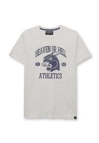 Camiseta de algodón gris claro con un estampado gráfico en azul marino de un pantera y el texto "HEAVEN OR HELL ATHLETICS" con un aspecto desgastado.