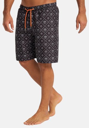 Men's swim shorts, black with a diamond pattern and white accents. Features an elastic waistband and orange drawstring. Lightweight material.