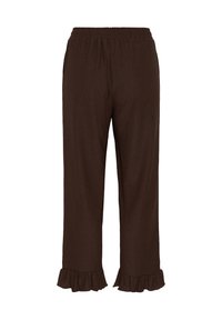 Pantalon marron coupe ample avec taille élastique et ourlets à volants, en tissu texturé, présenté sur fond blanc.
