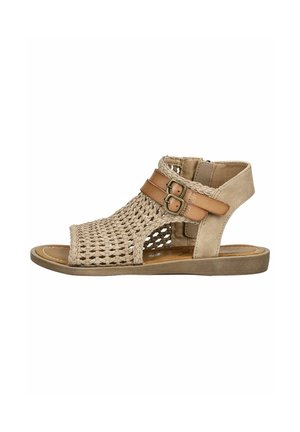Vævet beige sandal med brune læderremme, åben design, justerbare spænder, flad sål og tekstureret overdel for åndbarhed.