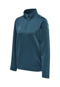 Donkergroene sportpullover met lange mouwen, een kwart ritskraag en een subtiele chevron-streep op de mouw, gemaakt door Hummel.