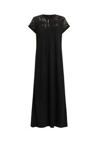 Schwarzes Maxikleid mit kurzen Ärmeln, Rundhalsausschnitt und durchsichtigen Spitzenakzenten über den Schultern und dem oberen Brustbereich.