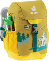 Children's backpack in yellow and green. Made of durable fabric with bee and bear graphics. Includes a side pocket for a water bottle.