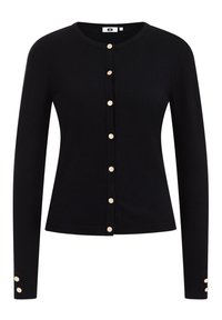 Svart kofta med långa ärmar, rund hals, och detaljer i guldton längs fronten. Har ribbade muddarna med matchande knappelement.