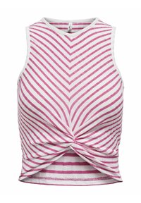 Top sans manches blanc avec des rayures diagonales roses, présentant un détail de devant tordu et un col rond. Tissu doux et texturé.