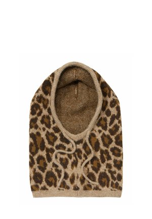 Cagoule en tricot avec imprimé léopard marron et beige et cordons, conçue pour couvrir la tête et le cou.
