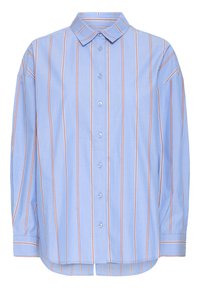 Light blue button-up shirt with vertical red and white stripes. Features a spread collar, long sleeves, and a rounded hem. Cotton material.