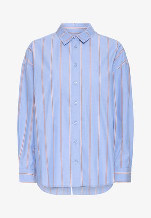 Light blue button-up shirt with vertical red and white stripes. Features a spread collar, long sleeves, and a rounded hem. Cotton material.