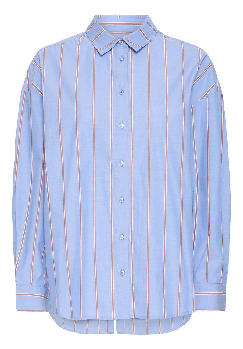 Light blue button-up shirt with vertical red and white stripes. Features a spread collar, long sleeves, and a rounded hem. Cotton material.