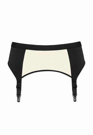 Porte-jarretelles noir et beige avec bretelles réglables et attaches métalliques sur fond blanc.