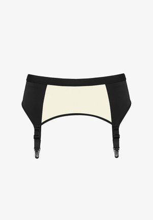 Porte-jarretelles noir et beige avec bretelles réglables et attaches métalliques sur fond blanc.