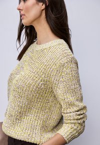 Femme aux longs cheveux bruns portant un pull en tricot multicolore avec des tons jaunes, beiges et bruns, manches retroussées, sur un fond clair uni.