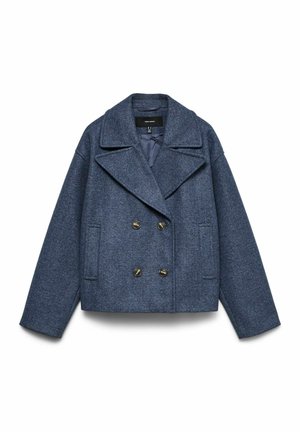 Dobbeltradet jakke i ullblanding i mørk blå, med store slag, to frontlommer og gullfargede knapper.