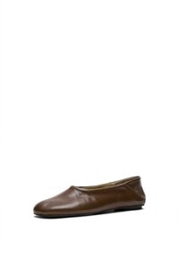 Single brown leather flat shoe with a rounded toe and minimal stitching, photographed on a white background.