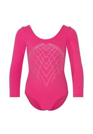Leuchtend pinker Langarm-Trikot mit silbernem Strassmuster, das auf der Vorderseite ein symmetrisches, eckiges Design bildet.