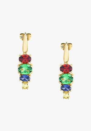 Orecchini a goccia in oro con cinque gemme ovali in rosso, verde, blu e giallo, con montature a griffe e una finitura lucida.