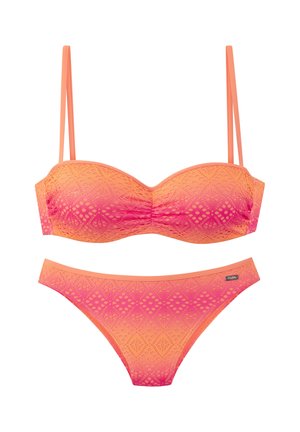 Two-piece swimsuit in orange and pink gradient with geometric patterns, featuring a bandeau top with thin straps and matching bikini bottoms.